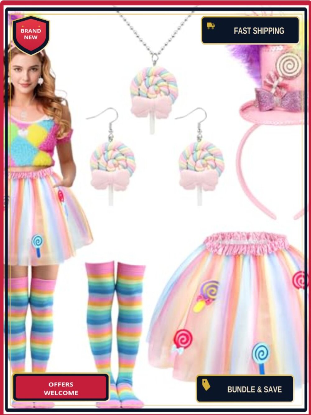Lollipop Costume Accessory Set Tutu Stockings Top Hat